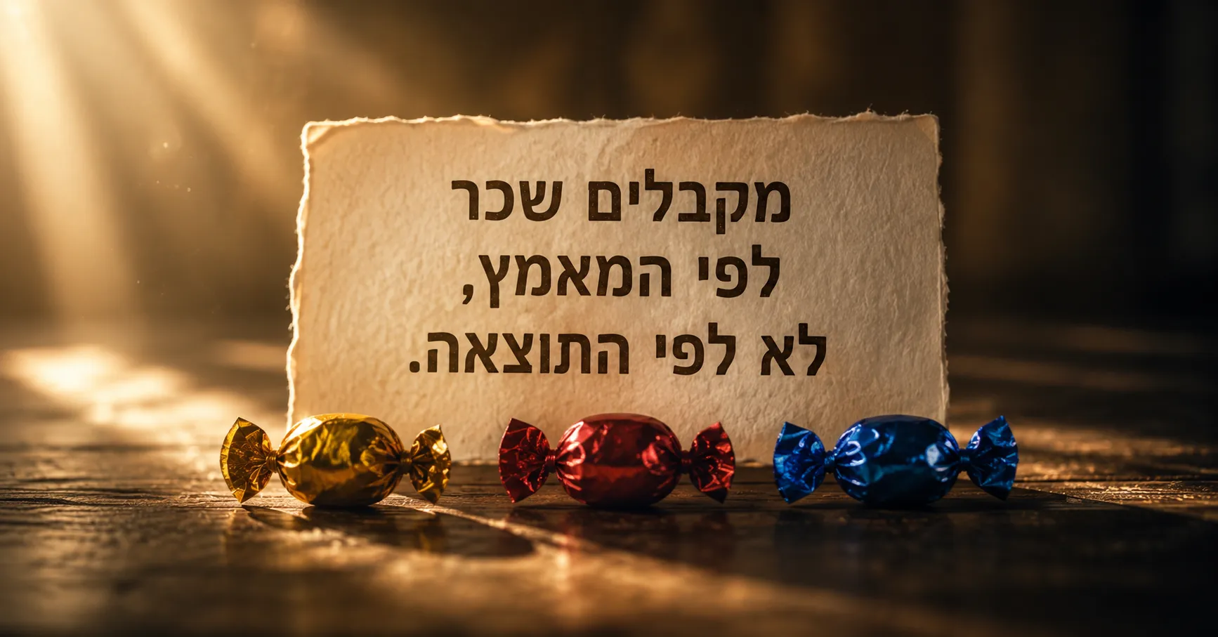 שלוש סוכריות עטופות בנייר זהב, אדום וכחול מונחות על שולחן עץ לאור חמים, ומאחוריהן פתק נייר קרוע שעליו כתוב: "מקבלים שכר לפי המאמץ, לא לפי התוצאה."
