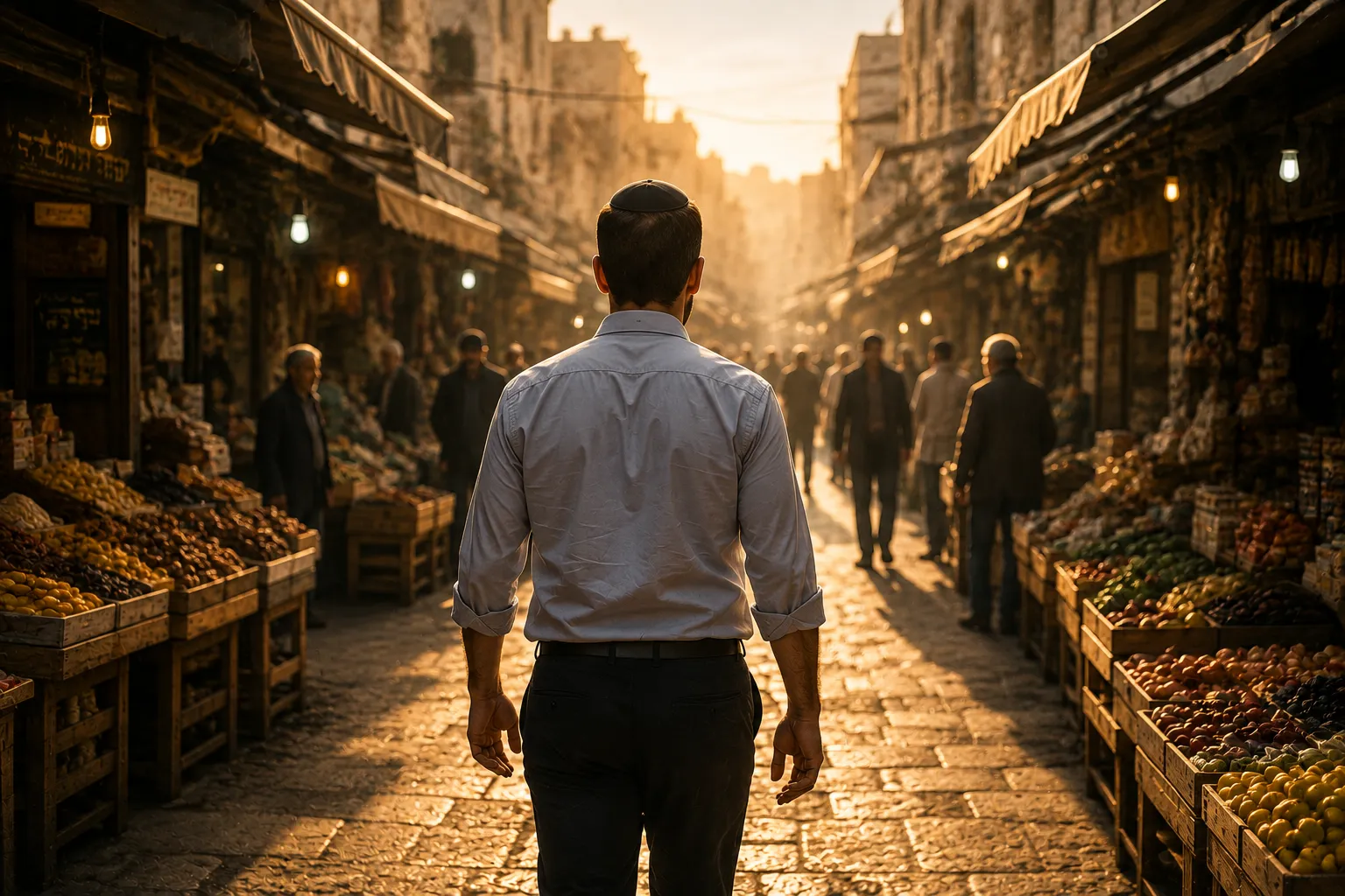 אדם בחולצה לבנה ובכיפה, מגבו למצלמה, נכנס לסמטת שוק עתיקה לאור זריחה; דוכני פירות משני הצדדים, אנשים בהמשך הסמטה, ורצפת אבן מוזהבת