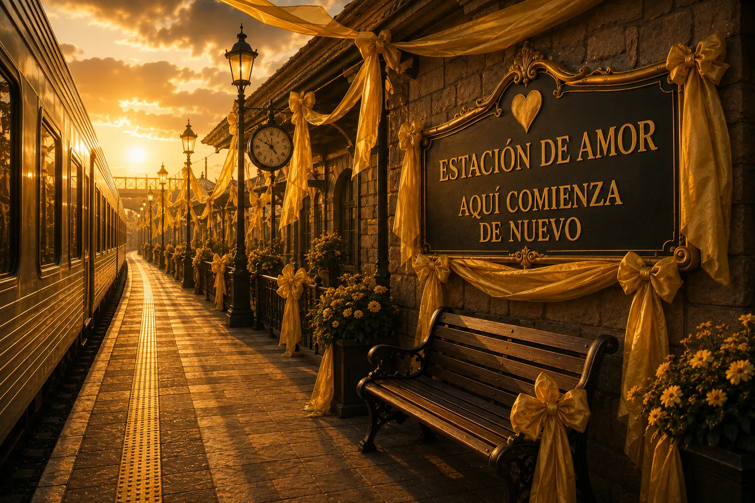 Andén de una estación de tren rodeado de cientos de pañuelos de seda dorados atados a postes de luz y columnas, con un cartel decorado que dice «Estación de amor — aquí se empieza de nuevo» sobre un muro de piedra, con luz dorada de atardecer