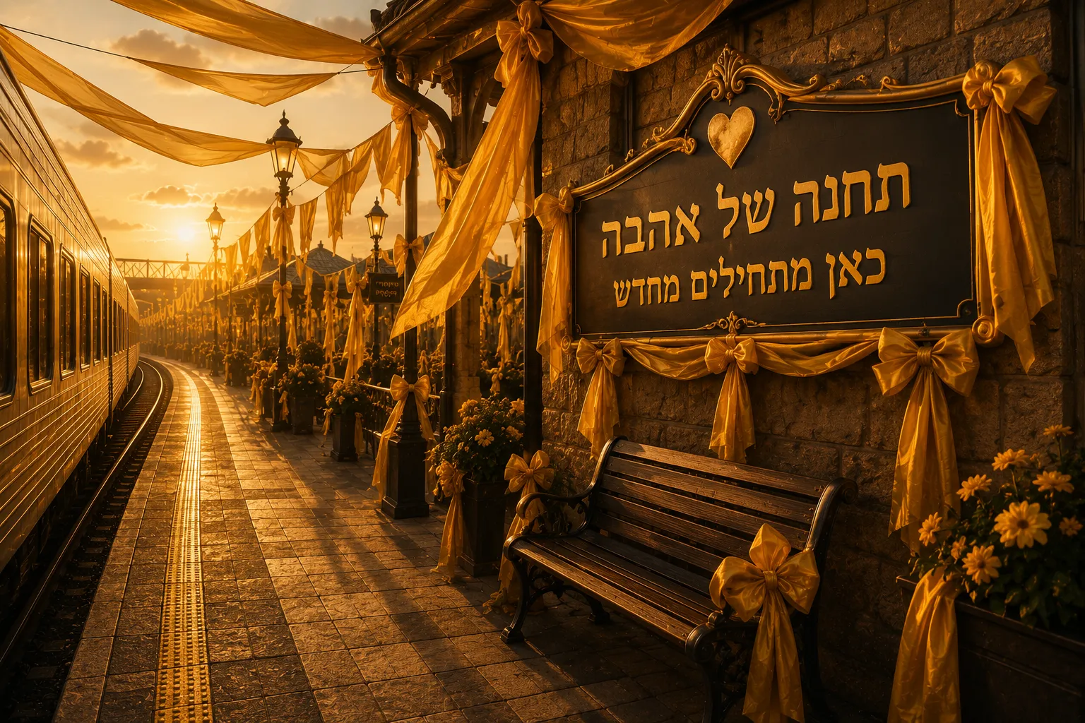 רציף תחנת רכבת מוקף במאות סרטי משי זהובים הקשורים לעמודי תאורה ולעמודות, ושלט מעוטר "תחנה של אהבה — כאן מתחילים מחדש" על קיר אבן, באור שקיעה זהוב